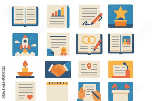 Colorful Event Pages Icons. Event Fresh Pages in modern flat vector : school notebook page, office report page, contract signing page, award ceremony
