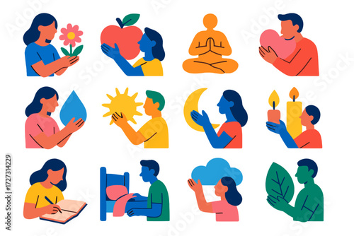 Wellness Icon Interactions. Wellness Positive Interactions in modern flat vector : interaction with flower, interaction with apple, interaction with