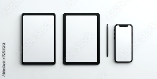 Two tablets, a smartphone, and a stylus are arranged on a white background, viewed from above, showcasing blank screens