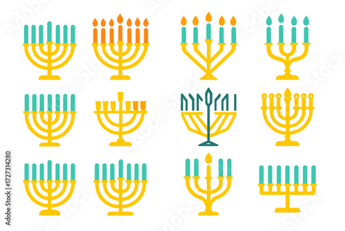 Colorful Hanukkiahs Collection. Hanukkiah Variations in modern flat vector : simple hanukkiah, hanukkiah with all candles lit, hanukkiah with shamash