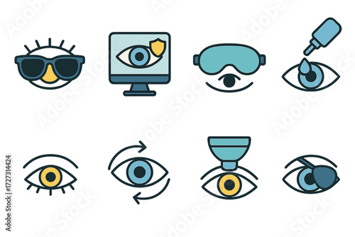 Vision care flat icon set. featuring glasses, monitor, goggles, eye drops, vision test, eye patch symbols