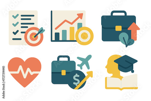 Neo-Flat Goal Icons. Goal Variations set of icons in neo-flat style: short-term goal list, long-term goal chart, personal growth goal, career goal,