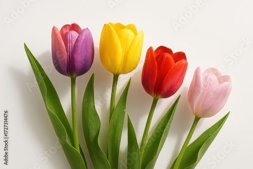 Fresh tulip bouquet on white background delicate petals dewy freshness soft shadows bright spring mood perfect for posters cards and ecommerce hero images