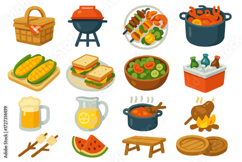 Outdoor Feast Icons Set. Outdoor Feast set of icons in neo-flat style: picnic basket, BBQ grill, skewers platter, seafood boil pot, corn on cob tray,