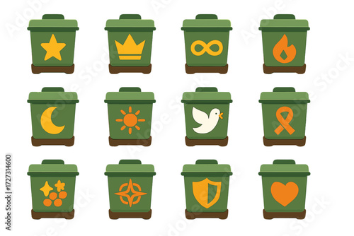 Symbolic Compost Icons. Symbolic Compost Bins set of icons in neo-flat style: compost bin with star, compost bin with crown, compost bin with infinity