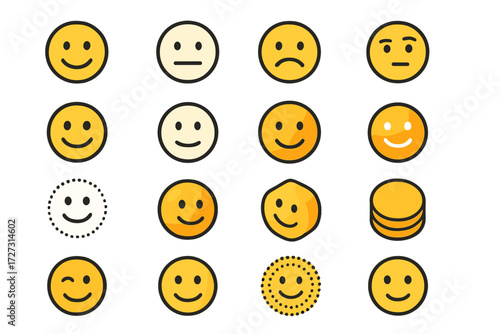 Facial Expression Icons. Facial Cues Basics set of icons in neo-flat style: simple smile face, neutral face, frown face, raised eyebrow face, bold