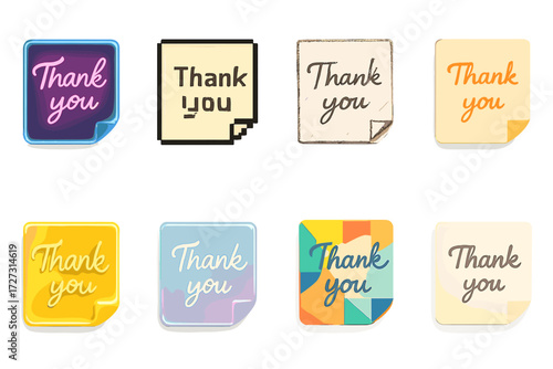 Thankful Note Icons. Creative Styles set of icons in neo-flat style: neon glowing thankful note, pixel art thankful note, hand-drawn sketch thankful