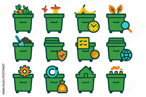Modern Compost Bin Icons. Functional Compost Bins in modern flat vector : compost bin with food scraps, compost bin with apple core, compost bin with