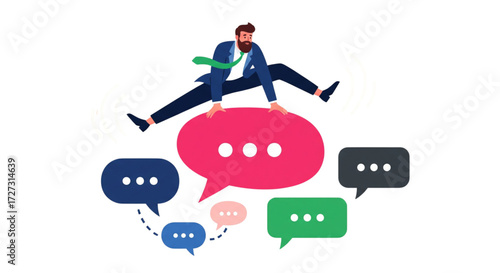 Modern flat vector illustration of a businessman jumping over a large red speech bubble, symbolizing communication management.