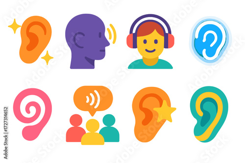 Vibrant Listening Icons. Active Listening in modern flat vector : ear with sparkles, head with sound waves, person with headphones, glowing listening