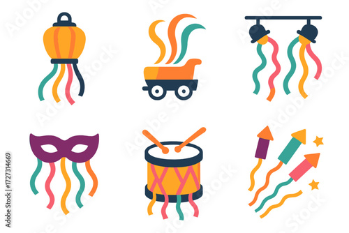 Vibrant Festival Icons. Festival Streamers in modern flat vector : lantern with hanging streamers, parade float ribbons, stage lights with streamers,