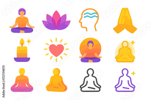 Mindfulness Icon Collection. Mindfulness Variations in modern flat vector : person meditating, lotus flower, head with calm waves, hands in prayer,