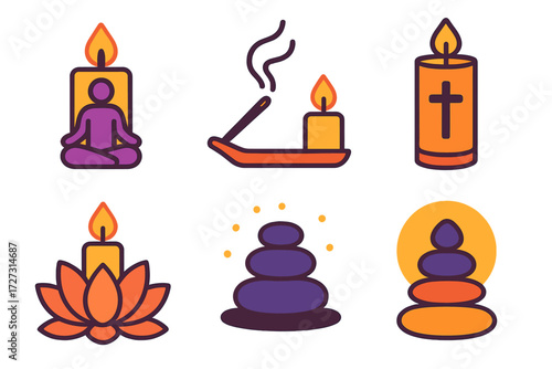 Serene Candle Icons. Spiritual & Calm in modern flat vector : meditation candle, incense with candle, prayer candle, lotus with candle, zen stones,