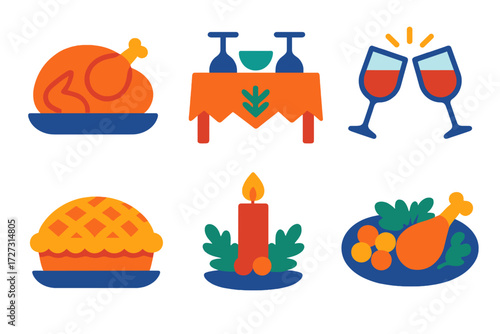 Festive Holiday Spread. Holiday Gathering in modern flat vector : roast turkey, festive table, wine glasses, pie dessert, candle centerpiece, shared