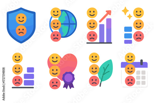 Mood Tracker Icons. Wellness Contexts in modern flat vector : mood tracker with shield, mood tracker with globe, mood tracker with chart, mood tracker