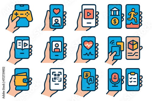 Modern Phone Icons. Mobile Phone Activities in modern flat vector : gaming phone, social media phone, streaming video phone, online banking phone,