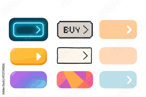 Variety of Buy Buttons. Creative Styles in modern flat vector : neon glowing buy now button, pixel art buy now button, hand-drawn sketch buy now