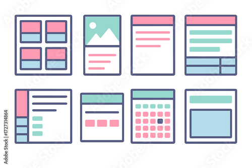 Modern UI Wireframe Design. UI Wireframe Grids in modern flat vector : wireframe grid with cards, grid with image placeholder, grid with text blocks,