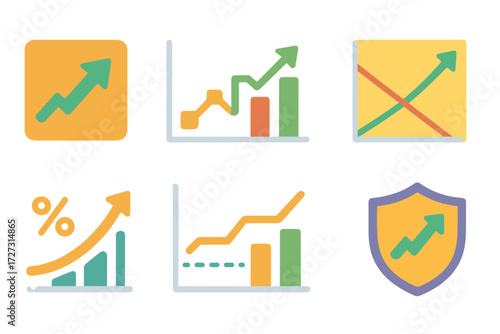 Economic Growth Icons. Margin Indicators in modern flat vector : profit arrow icon, margin line graph, cost vs profit bars, breakeven point chart,