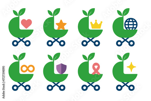 Symbolic Eco Strollers. Symbolic Eco Strollers in modern flat vector : eco stroller with heart, eco stroller with star, eco stroller with crown, eco
