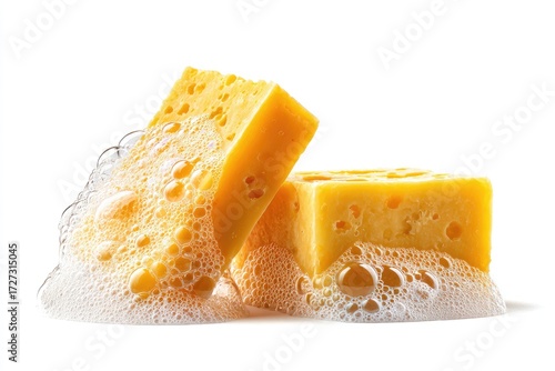 Two yellow, porous, cube-shaped cleaning sponges are shown nestled in a pile of white suds against a white background