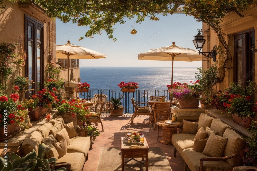 Obraz premium A charming outdoor patio with ocean views, featuring comfortable seating, vibrant flowers, and elegant patio furniture under a sun-drenched sky.