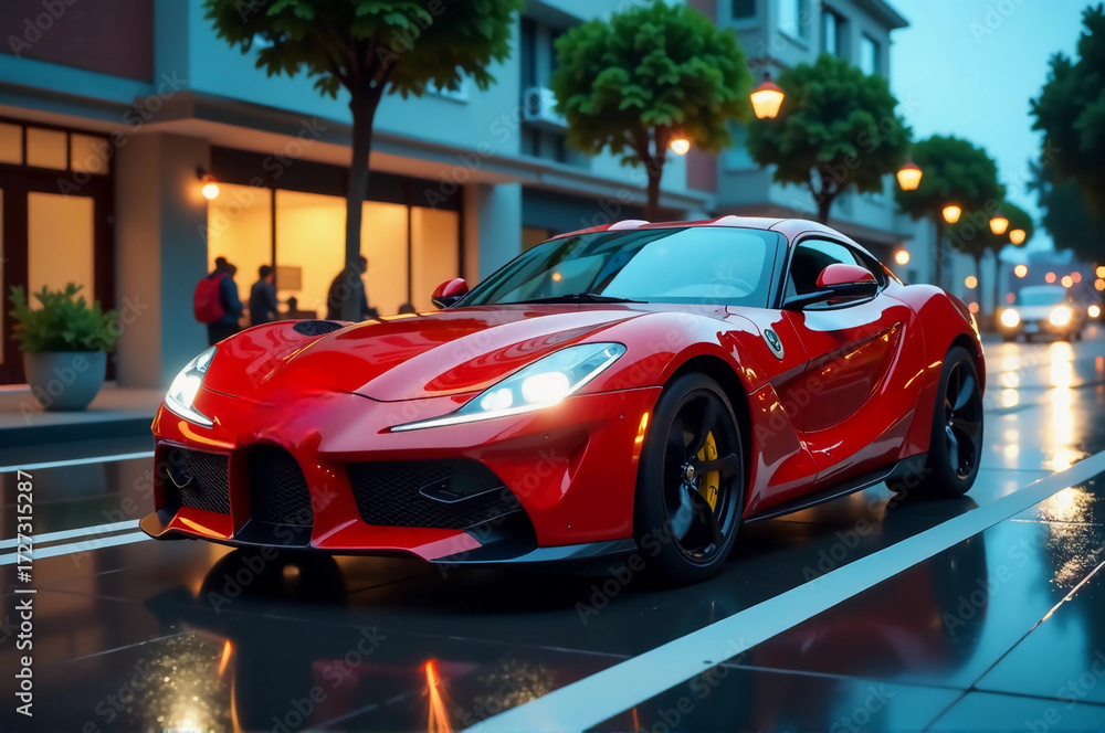 Fototapeta premium A luxury red sports car driving down a wet city street.
