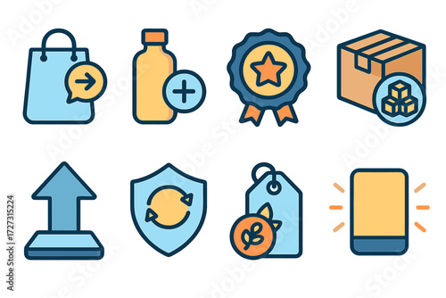 Neo-Flat Icons Set. Upsell Actions set of icons in neo-flat style: suggest product icon, add-on item icon, premium badge icon, bundle box icon,