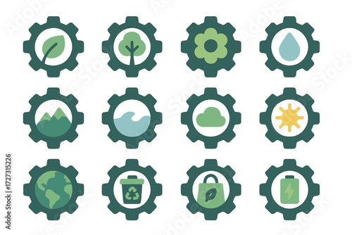 Eco Gear Icons. Eco Secondhand Gear set of icons in neo-flat style: gear with leaf, gear with tree, gear with flower, gear with water drop, gear with