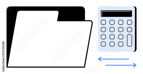 Open file folder next to a digital calculator with arrows indicating data transfer. Ideal for accounting, finance, analysis, data exchange, record management, budgeting, modern workflow. Simple flat