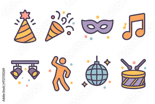 Festive Celebration Icons. Festive Context set of icons in neo-flat style: celebration with party hat, celebration with streamer, celebration with