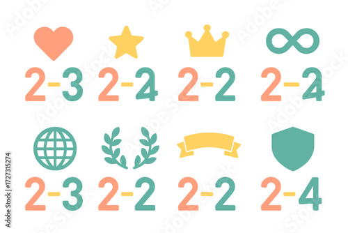 Symbolic Year Icons. Symbolic Year Change set of icons in neo-flat style: year with heart, year with star, year with crown, year with infinity symbol,
