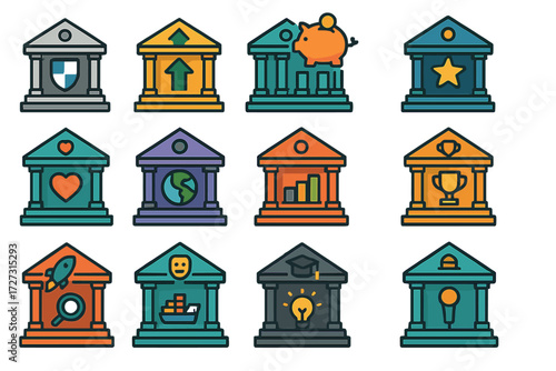 Bank Icon Set. Event Bank Buildings set of icons in neo-flat style: corporate bank building, investment bank building, community savings bank, central