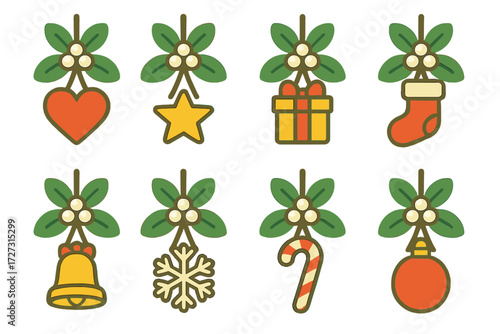 Mistletoe Icon Set. Holiday Mistletoe set of icons in neo-flat style: mistletoe with heart, mistletoe with star, mistletoe with gift, mistletoe with