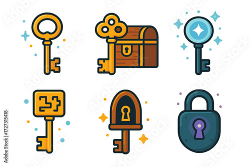 Fantasy treasure linear icon set. featuring keys, chest, lock, magic symbols