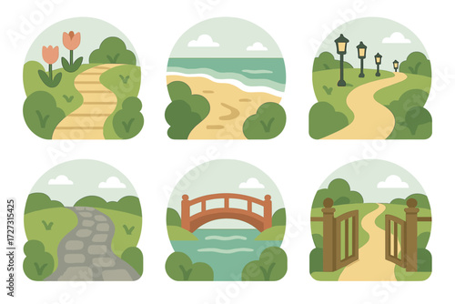 Peaceful Path Icons. Peaceful Path set of icons in neo-flat style: garden walkway, beach shoreline path, lantern-lit trail, cobblestone road, bridge