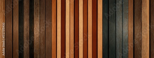 Vertical array of diversely stained wood planks, showcasing a spectrum of brown hues ranging from light beige to dark ebony, creating a textured and visually rich pattern