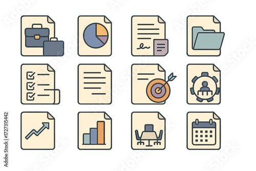 Neo-Flat Business Icons. Business Transaction Logs set of icons in neo-flat style: log with briefcase, log with pie chart, log with contract, log with