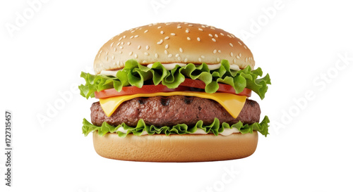 Isolated hamburger with lettuce, cheese, tomato and beef patty on a sesame seed bun on display