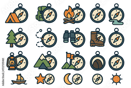 Neo-Flat Compass Icons. Adventure Compass set of icons in neo-flat style: compass with tent, compass with backpack, compass with campfire, compass