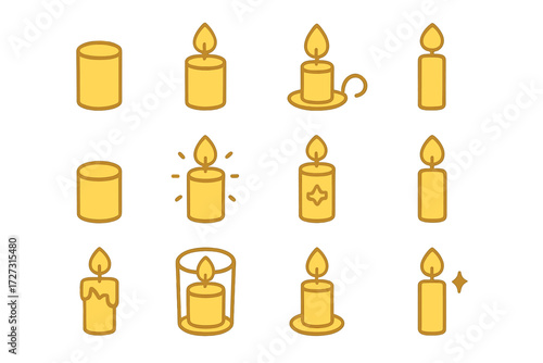 Golden Candle Icons. Golden Candle Variations set of icons in neo-flat style: single golden candle, golden candle with flame, golden candle on holder,