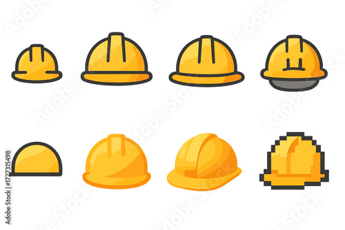 Hard Hat Icons. Hat Variations set of icons in neo-flat style: small hard hat, large hard hat, wide brim hard hat, compact hard hat, abstract hard hat