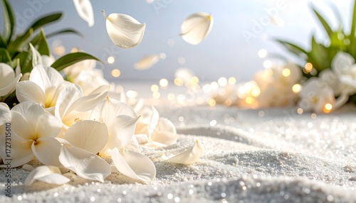 White Flowers and Petals on Sparkling Background Decorative Design
