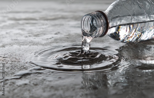 Water pouring from a plastic bottle onto a flat surface, creating concentric ripples.  The scene is captured with a shallow depth of field, focusing on the water's movement