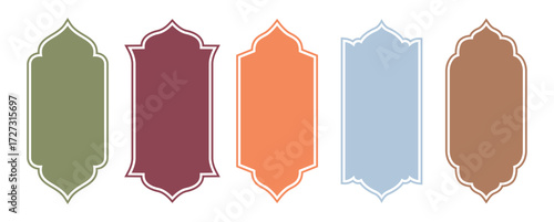 Set of Colorful arab islamic frames, Oriental arabesque windows or doors arch for arabic decoration, Ramadan kareem silhouette shapes, muslim geometric banner vector.