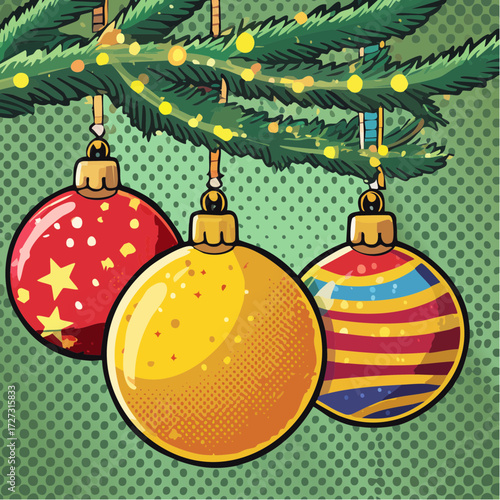 ornaments hanging from branch of Christmas tree with string lights