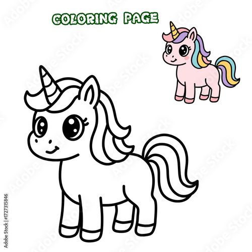 Cute Unicorn Coloring Page for Kids with Colored Example