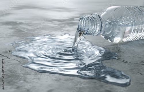 Water pours from a plastic bottle onto a cracked, grey surface, creating concentric ripples in a spreading puddle
