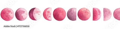 Watercolor painting of a pink moon cycle, showing the phases from full moon to new moon in a continuous row