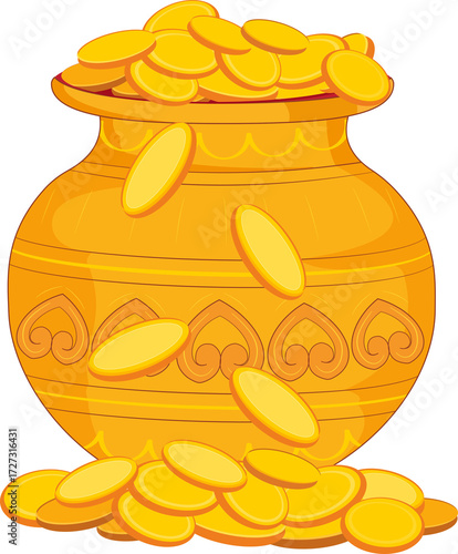 vector illustration of 
Kalash filled with golden coins Dhanteras festival celebration before Diwali